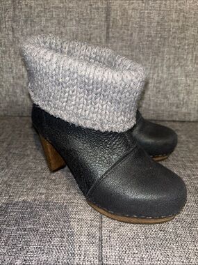 Sanita DREA - Sparkle Shimmer Leather Wood Platform Ankle Boots with Knit Cuffs